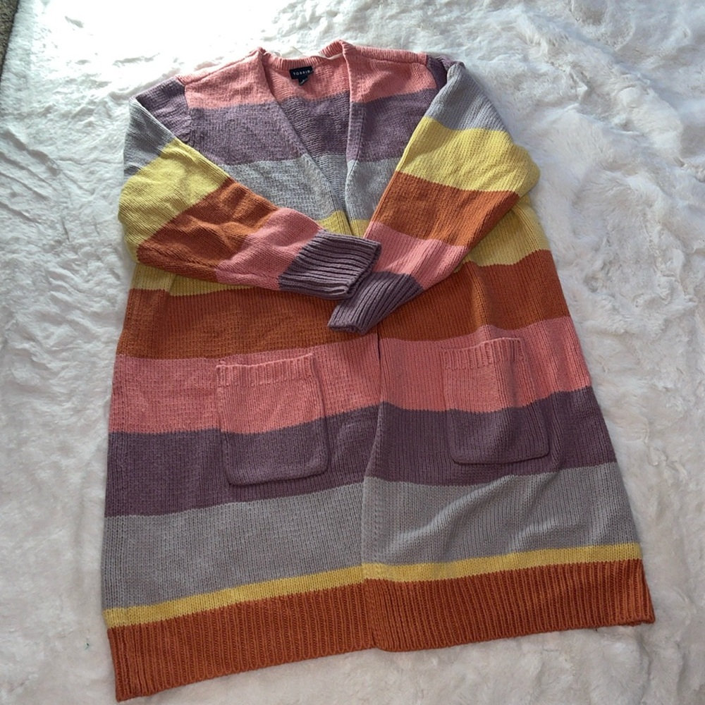 Torrid Open Front Cardigan Sweater Striped Color Block Pink Yellow Purple Size 3